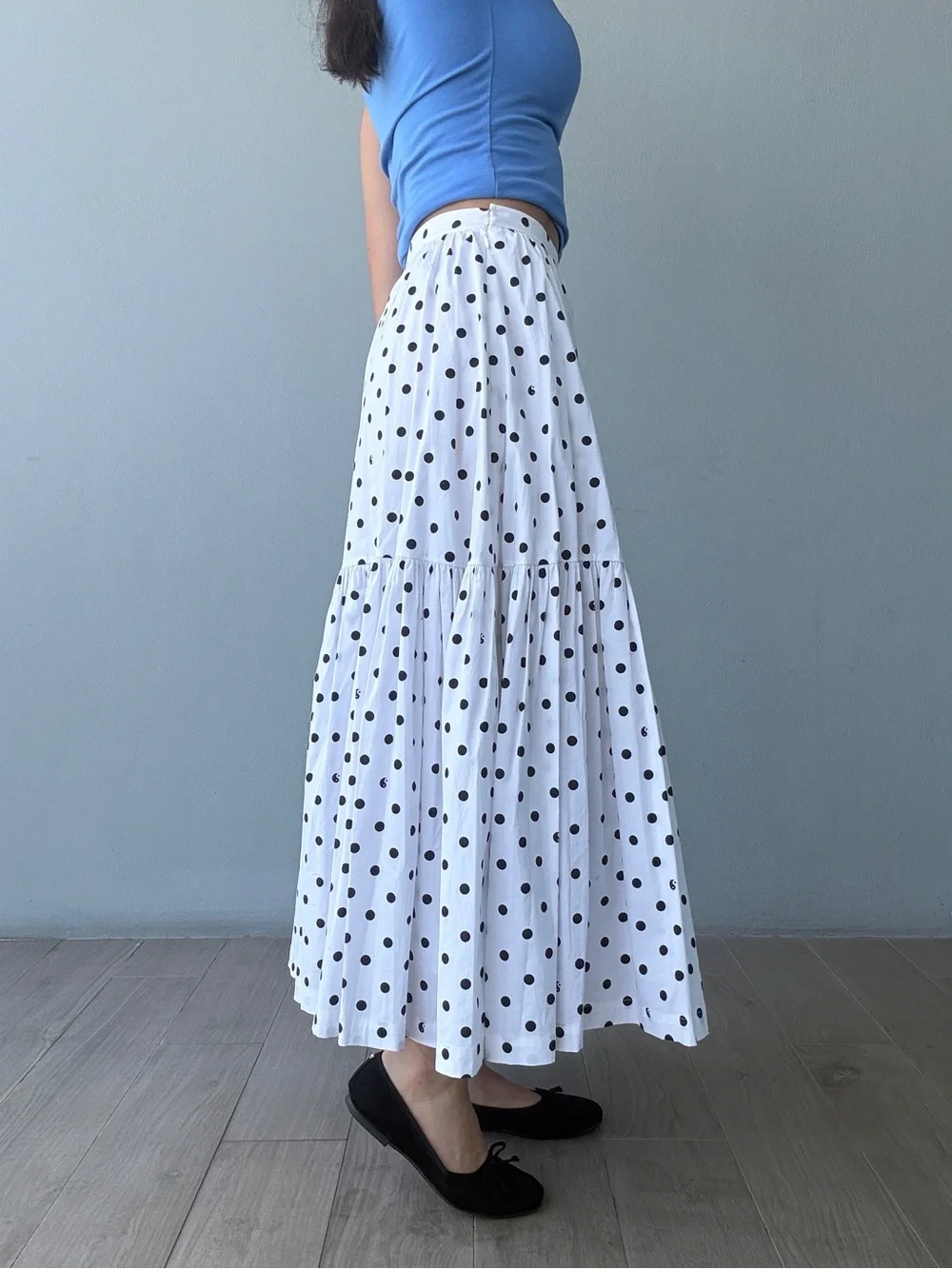 Polka Dot Tiered Maxi Skirt - White with Black Dots
